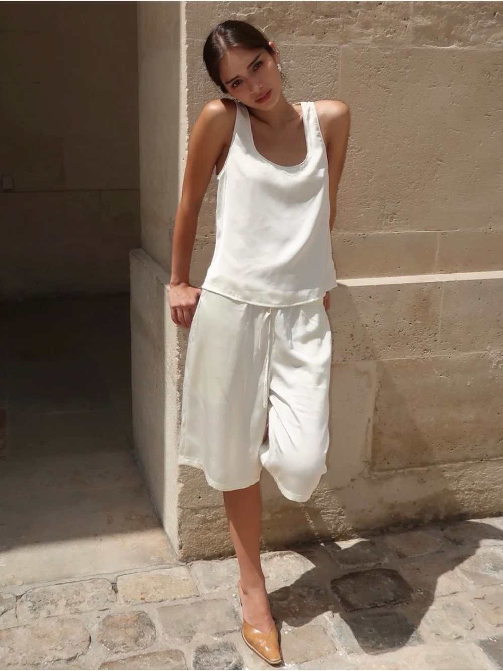 Women's Cream Satin Sleep Tank and Relaxed Shorts Set
